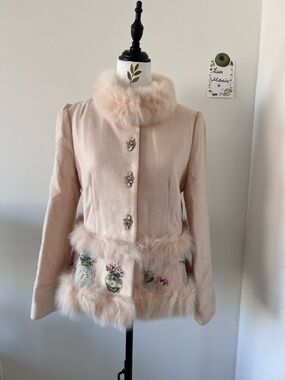 Vintage Blush Wool Coat with Fox Fur Trim Jeweled Buttons & Embroidery M-L